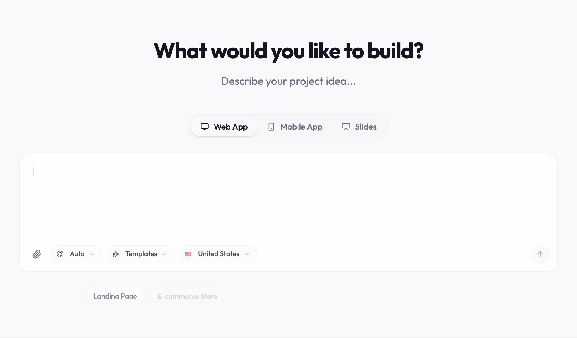 The Youmake composer: choose Web App, Mobile App or Slides, then describe what you want to build